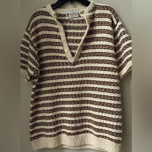 Philip Wolfe Harberdasher Cream and Brown V-Neck Sweater - Vintage